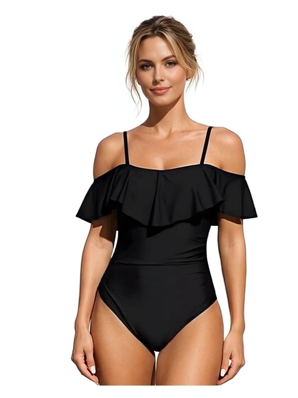 20. 🆕Small Off Shoulder Ruffle One Piece Swimsuit Tummy Control Black NWOT